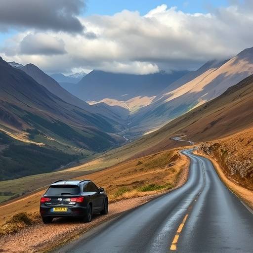 A car driving along a winding road through a stunning Scottish valley.