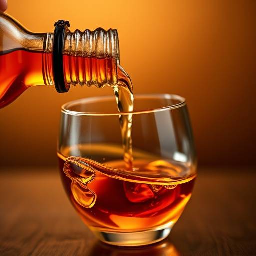 A close-up of a glass of amber-colored whisky being poured.