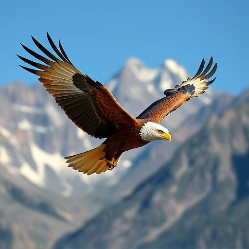 A close-up of a majestic Golden Eagle in flight against a backdrop of mountains.