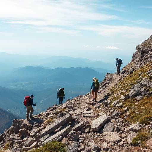 A group of hikers ascending a rocky mountain trail in the Scottish Highlands