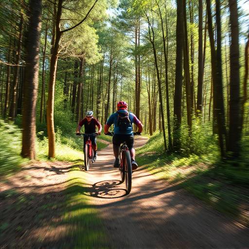 A group of mountain bikers cycling through a forest trail in the Scottish Highlands
