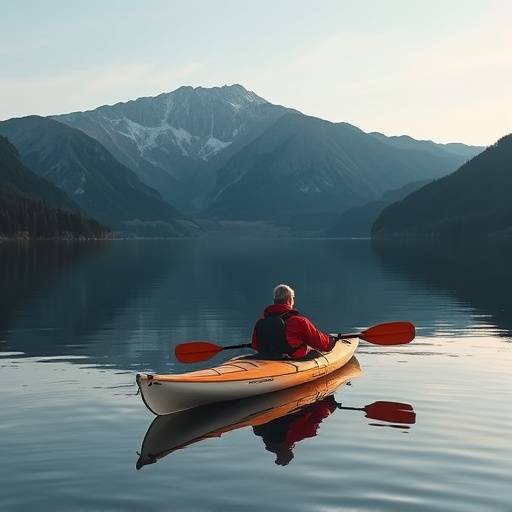 A kayaker paddling through a calm loch surrounded by majestic mountains.