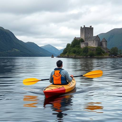 A kayaker paddling through the serene waters of Loch Ness, with Urquhart Castle in the background