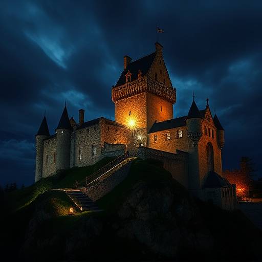 A magnificent Scottish castle illuminated at night.