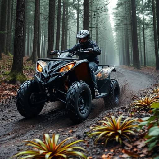 An ATV navigating a muddy trail through a dense forest.