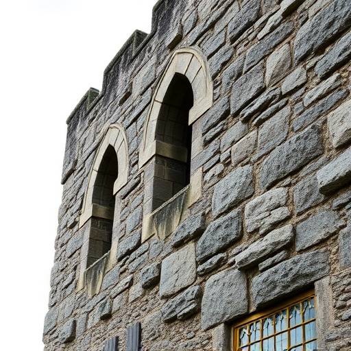 Close-up of the stone facade of Carbisdale Castle, showing intricate detailing