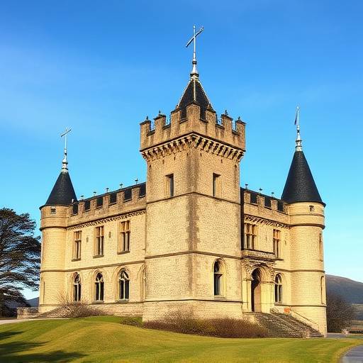 Exterior view of Achnagairn Castle, a grand Scottish castle with turrets