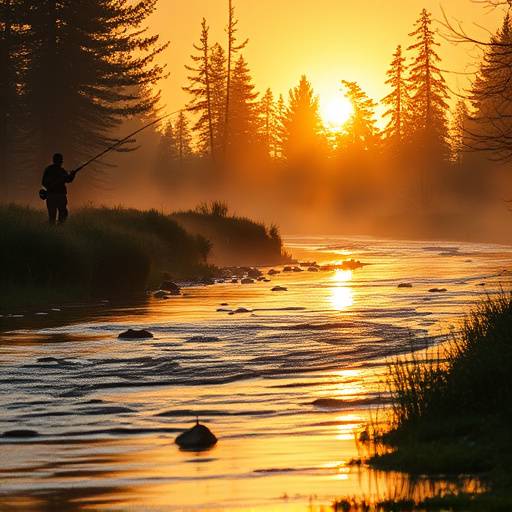 Fly fishing on a river at sunrise.