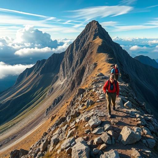 Hikers ascending a rugged mountain peak in the Scottish Highlands.