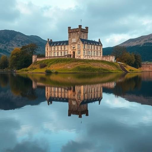 Photograph showcasing the Loch Ness frontage of Aldourie Castle, reflecting in the still water