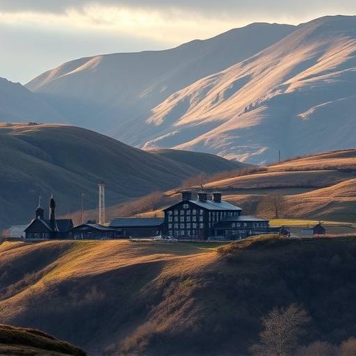 Rolling hills of the Scottish Highlands with a picturesque distillery nestled among them
