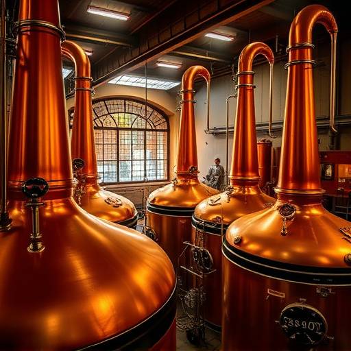 Scenic view of a Speyside whisky distillery with copper stills