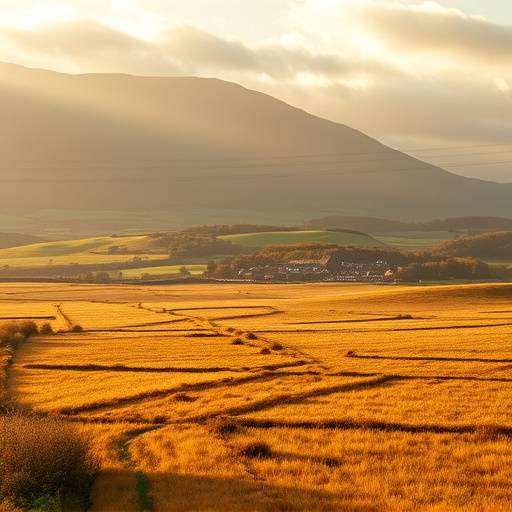 Serene image of the Scottish Lowlands with golden fields and a traditional distillery building